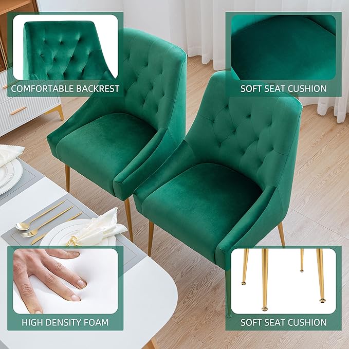 Modern Dining Chair Set of 2, Mid-Century Room Chair, Upholstered Comfortable Velvet with Back Pull Rod and Metal Legs for Kitchen, Dining, Living (Green), (DYXSD)