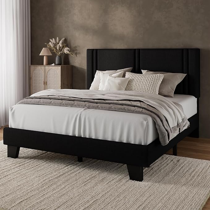 iPormis Queen Platform Bed Frame with Fabric Upholstered Headboard & Thickened Legs, Mattress Foundation with Solid Wooden Slats Support, No Box Spring Needed, Noise Free, Black