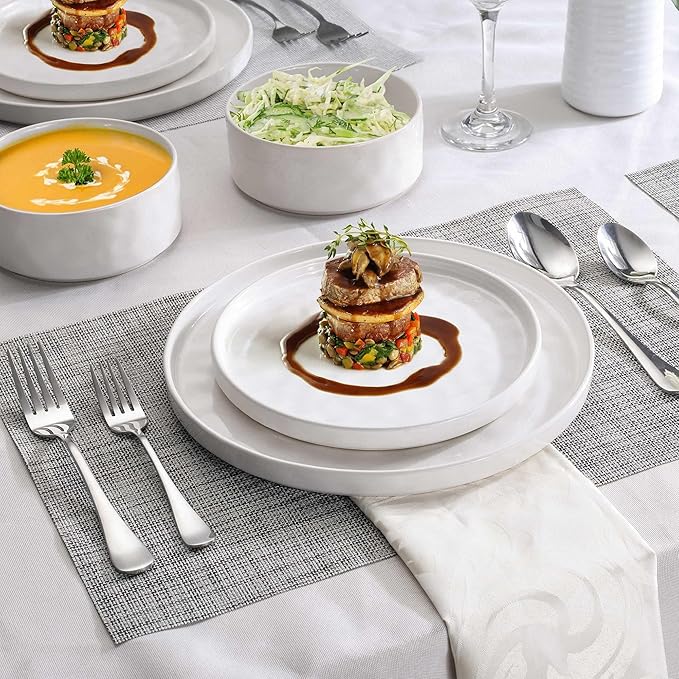 LIANYU Dinnerware Dinner Sets for 6, 18 Piece Ceramic Plates and Bowls Dish Set, Kitchen Speckled Dining Tableware Dishware, Microwave & Dishwasher Safe, Polar White