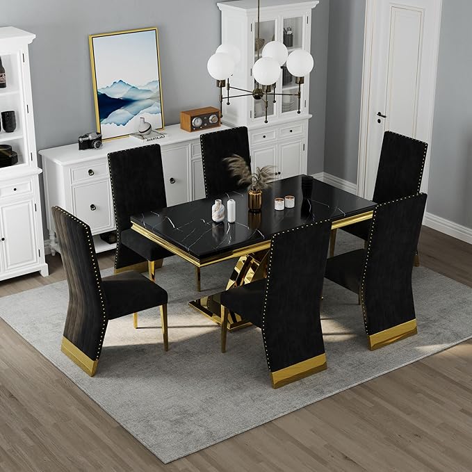 AUZ Black and Gold Dining Chairs Set of 8, Black Velvet Upholstered Dining Room Chairs with Nailhead Trim, Modern High Back Dining Chairs with Gold Legs