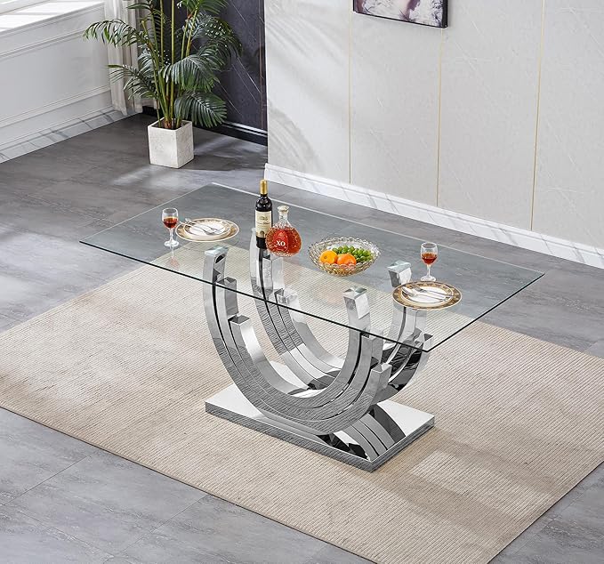 Goujxcy 70" Modern Glass Dining Table for 6-8, Luxury Silver Glass Dining Room Table with Mirrored Ring-Shape Stainless Steel Base, Rectangle Kitchen Dinner Tables for Dining Room Kitchen