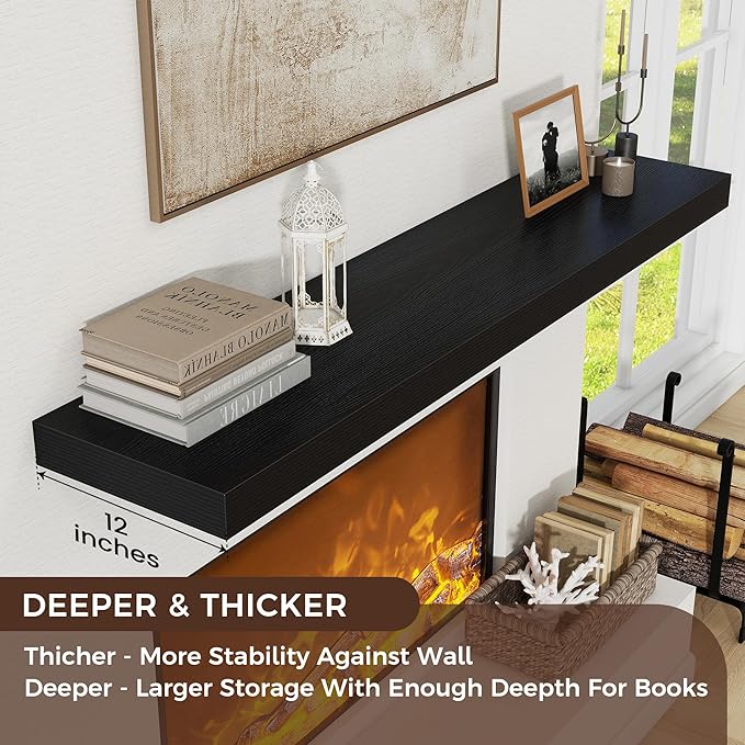 Floating Shelves for Wall, 72 Inch Wide x 12 Inch Deep Floating Shelves, Long Wood Floating Wall Shelf Shelves for Living Room Bathroom Bedroom Kitchen Home - (Black, 72" W x 12" D x 2" H)