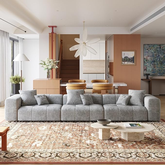 JACH 144 Inch Modular Sofa, Mid Century Modern Extra Deep Corner Seat Couch, 3-Seater Sofas for Living Room, Sectional Couches, Cozy Sofa for Apartment, Living Room (Linen Fabric, Grey)