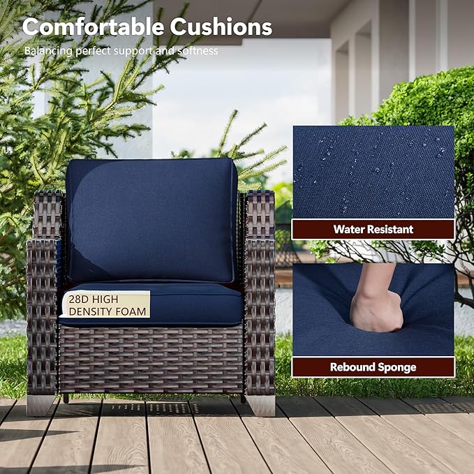 6 Pieces Wicker Patio Furniture, Luxury Outdoor Conversation Sets with 2 Patio Rattan Chair, 3-Seater Sofa, 2 Patio Ottoman and 1 Coffee Table, Wide Armrest, Thickened Cushions