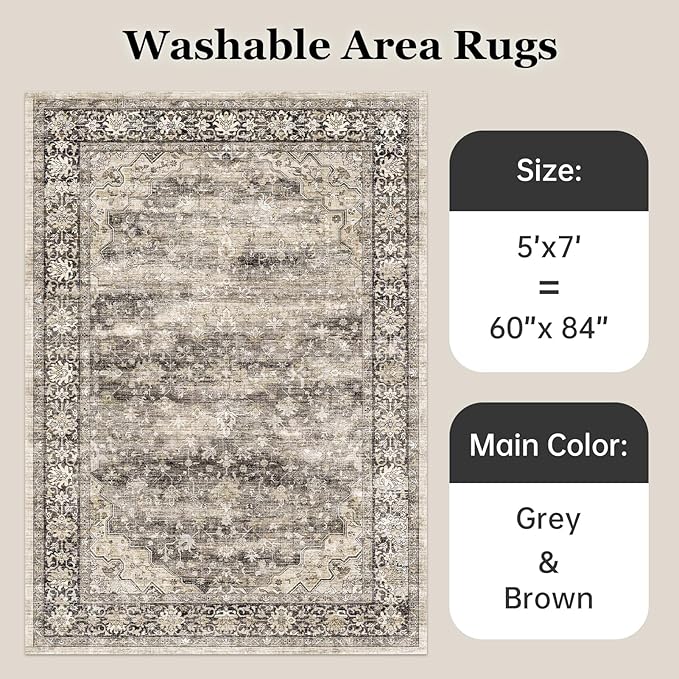 Gray Brown 5x7 Area Rugs for Living Room Washable Low Pile Soft Faux Fur Vintage Boho Carpet Rug Non Slip Sound Absorbing Geometric Floral Rug for Bedroom Office Patio Dining Room Kids Room,Hazel