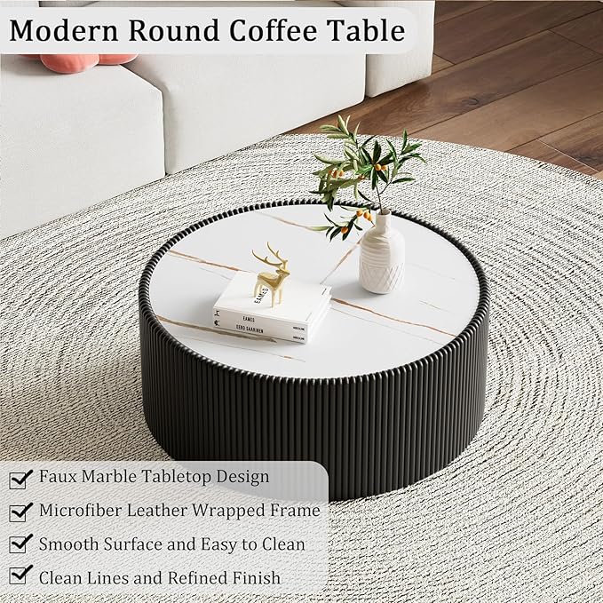 Round Coffee Table Set with Sintered Stone Tabletop, 29.52" Black Drum Center Table and 17.71" Grey Coffee Table Set, 2 Pieces Living Room Table Set with Fluted PU Leather Cover& Stable Base