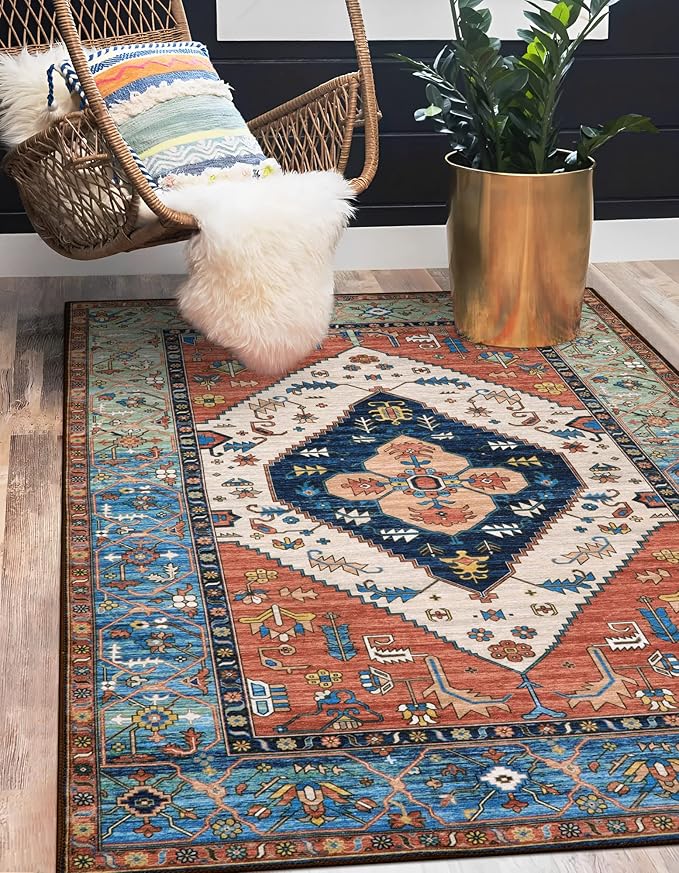 Lahome Boho 3x5 Washable Area Rugs, Small Non-Slip Bedroom Carpet Throw Low-Pile Rugs for Entryway Kitchen, Oriental Distressed Carpet for Bathroom Office Laundry Living Room, Rust