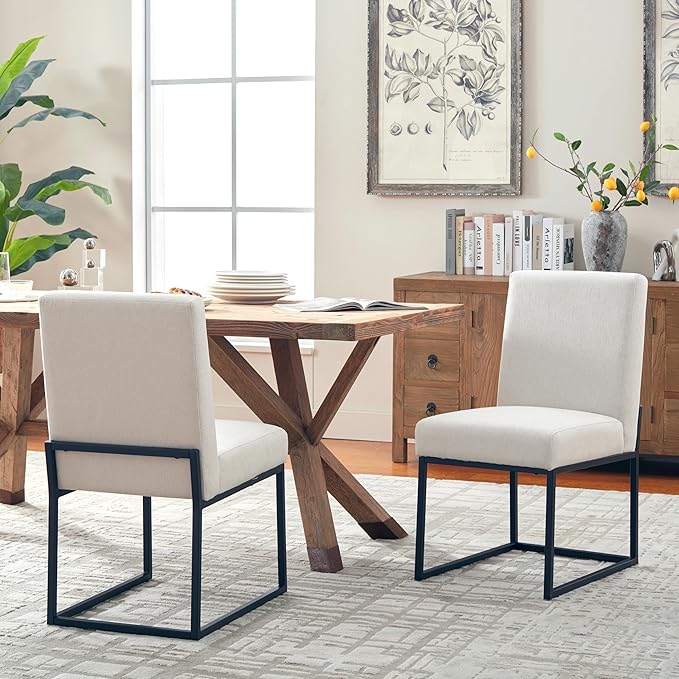 VKNOW Upholstered Dining Chairs Set of 2, Modern Dining Room Chairs, Linen Kitchen Chair Dinner Chair with Black Metal Base for Kitchen Office, Beige-Unstriped