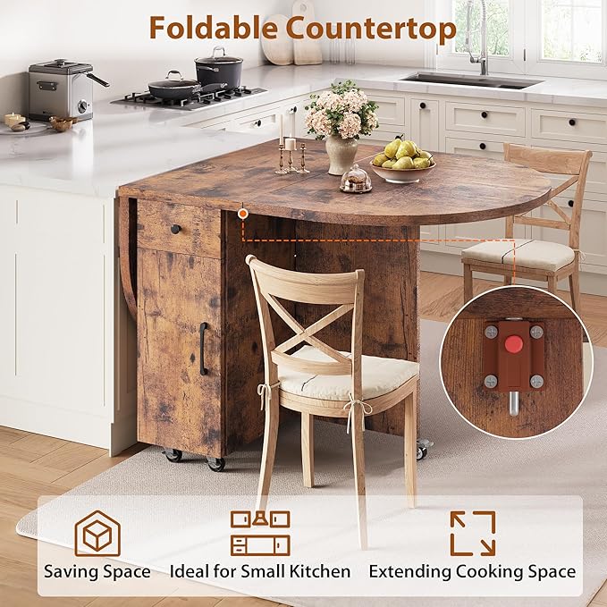 Folding Dining Table for 4 Kitchen Dining Room DinnerTable with Storage Drawer Space Saving Oval Foldable Drop Leaf Gateleg Furniture for Small Space (Vintage, 51 * 31.5 * 30)