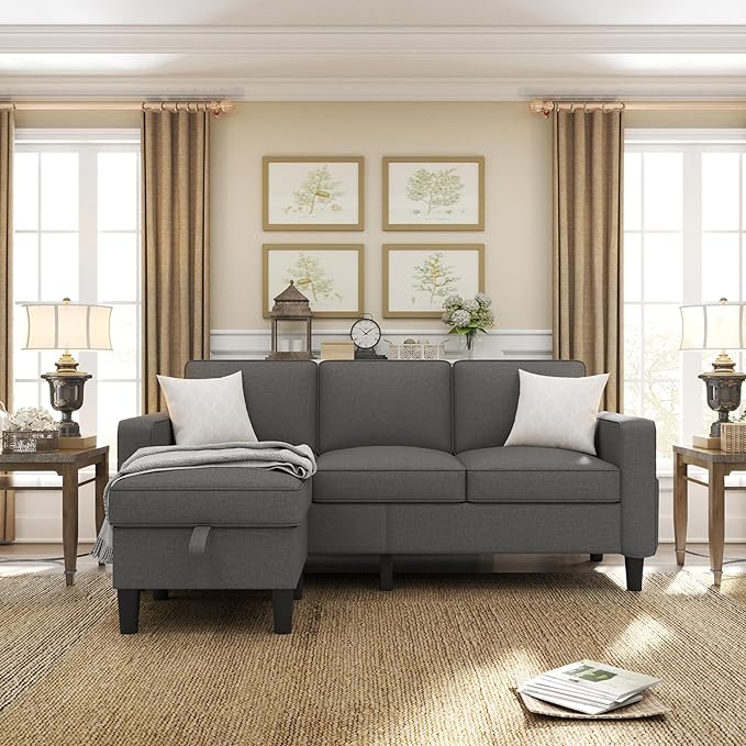 ZeeFu Couch for Living Room - 78'' Beige Linen 3 Seat L-Shaped Sectional Sofa Couches with Storage Ottoman - Modern Small Space Upholstered Furniture Sofa Set for Office Small Space Apartment Bedroom