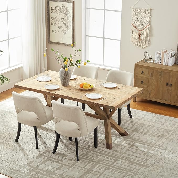 VKNOW Wooden Dining Chairs Set of 4, Modern Fabric Upholstered Dining Room Chair Kitchen Chairs, Farmhouse Dinner Chair for Kitchen Dining Room, Beige-Black Legs