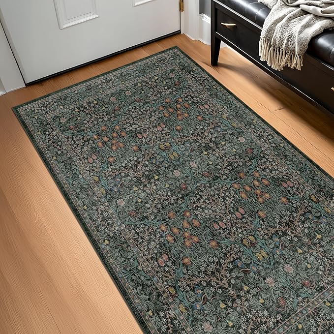 Washable 4x8 Wide Hallway Runner Rug, Vintage 8ft Soft Runners for Entry Kitchen, Non Slip Low Pile Thin Carpet for Living Room Bedroom Dining Room Foyer - Dark Green Floral Forest Décor
