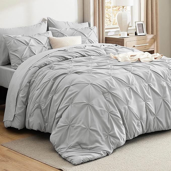Bedsure Full Size Comforter Sets - Bedding Sets Full 7 Pieces, Pintuck Bed in a Bag Light Grey Bed Set with Comforter, Sheets, Pillowcases & Shams