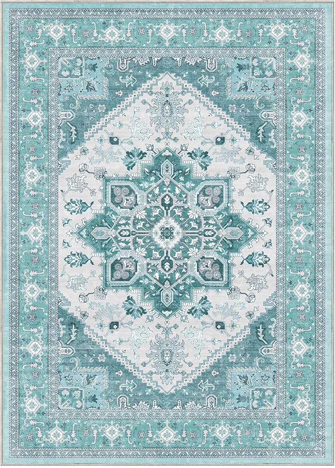 OPPODREAM Thin Area Rugs 3x5, Washable Rugs with Non Slip Backing, Low-Pile Throw 3x5 Carpet, Faux Cashmere 3 x 5 Carpet, Teal & Turquoise & Cream