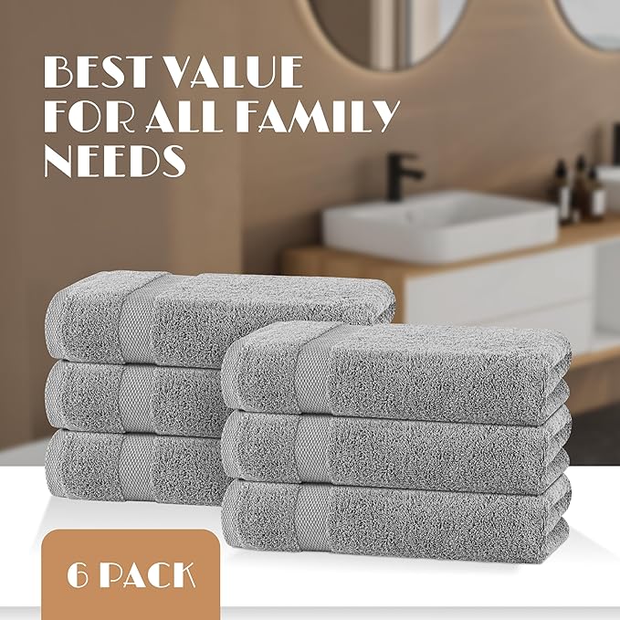 Wealuxe Light Gray Bath Towels 24x50 Inch, Cotton Towel Set for Bathroom, Hotel, Gym, Spa, Soft Extra Absorbent Quick Dry 6 Pack