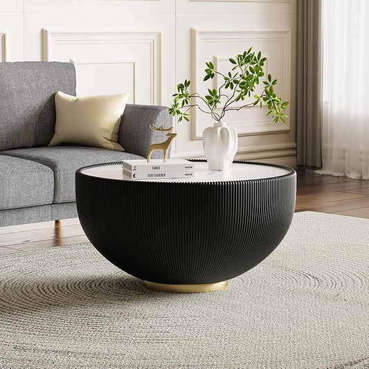 Black Round Coffee Table with Sintered Stone Tabletop, 27.56" Drum Coffee Table with Fluted PU Leather Covered and Metal Base, Circle Cocktail Tea Table for Living Room