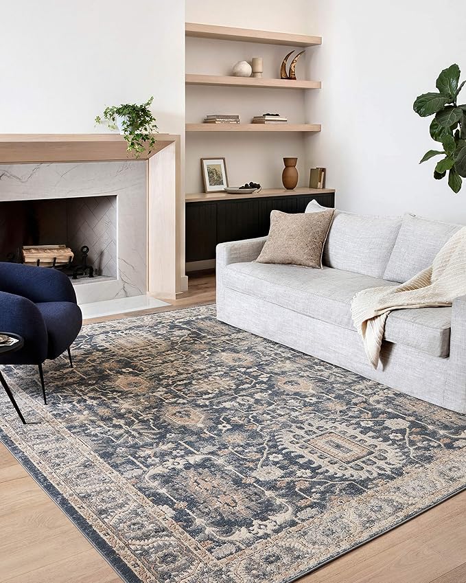 Loloi Teagan Collection TEA-03 Denim/Pebble 7'-11" x 10'-6" Area Rug, Large, Soft Neutral Rug, High-Traffic for Living Room, Bedroom, Home Office, Dining Area