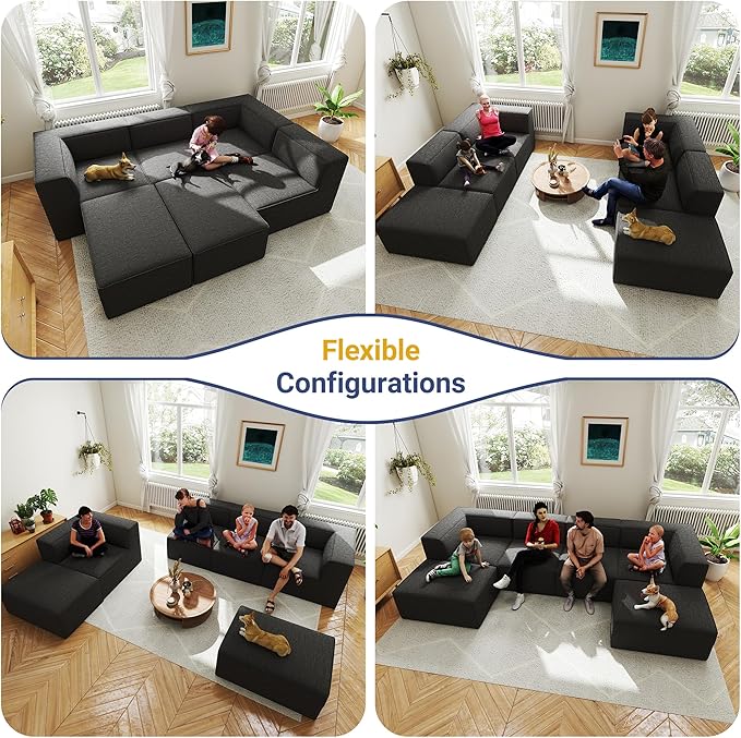 38“ Modular Sectional Sofa Convertible Cube Thick Couch Seat Set, Combine L-Shaped U-Shaped, Free Assembly, Space-Saving for Living Room, Fabric Chenille Black Grey (Only Armless)