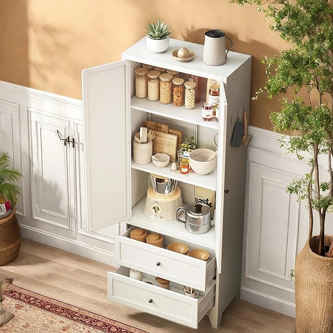 72'' Storage Cabinet, 2 Adjustable Shelves Kitchen Pantry with 2 Drawers, Tall White Metal Storage Cabinet with External Hooks, Modern Freestanding Heavy-Duty Pantry for Kitchen