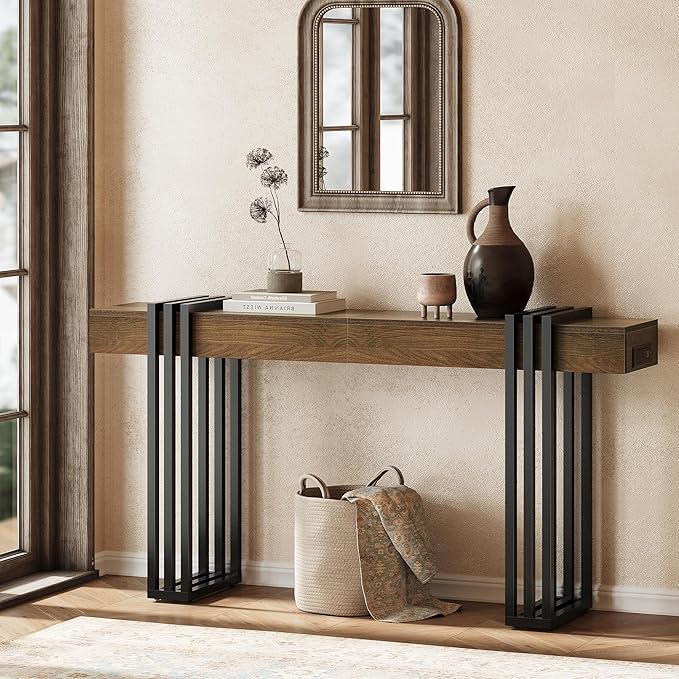 63" Long Console Table for Entryway - Behind Couch Table for Living Room, Wood Sofa Tables with Black Parallel Metal Frame & Power Outlet for Hallway, Entrance, Narrow Foyer, Walnut