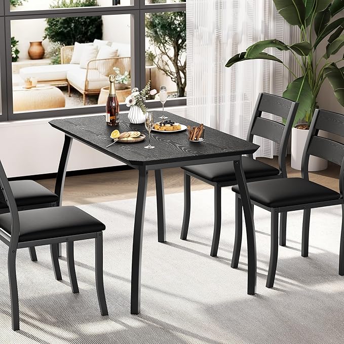 GAOMON 5 Piece Dining Table Set for 4, Space-Saving Kitchen Table with Upholstered Chairs, Modern Angled Corner Design, Compact Dinner Set for Small Spaces, Apartment, Dining Room, Black