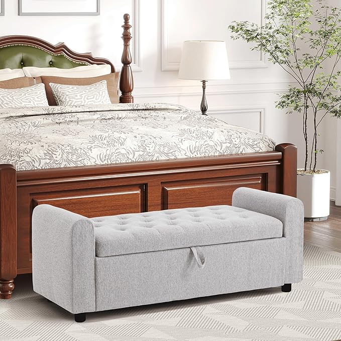 Ottoman with Storage, Tufted Storage Bench for Bedroom, 48" Fabrics End of Bed Bench, Upholstered Entryway Shoe Benches with Rolled Arm & Inner Zipper, Window Ottomans Chest without Rivets, Light Grey