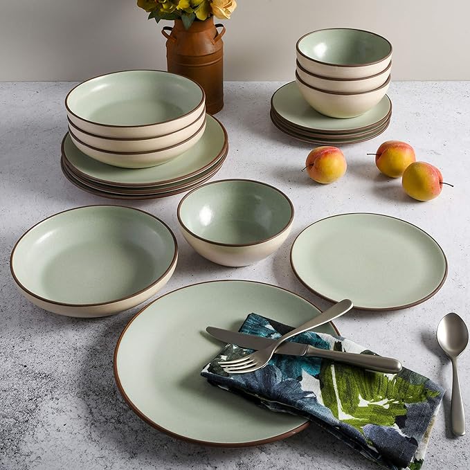 Gibson Elite Contempo Classic 16-Piece Double Bowl Dinnerware Set, Service for 4 – Mint Stoneware Plates and Bowls