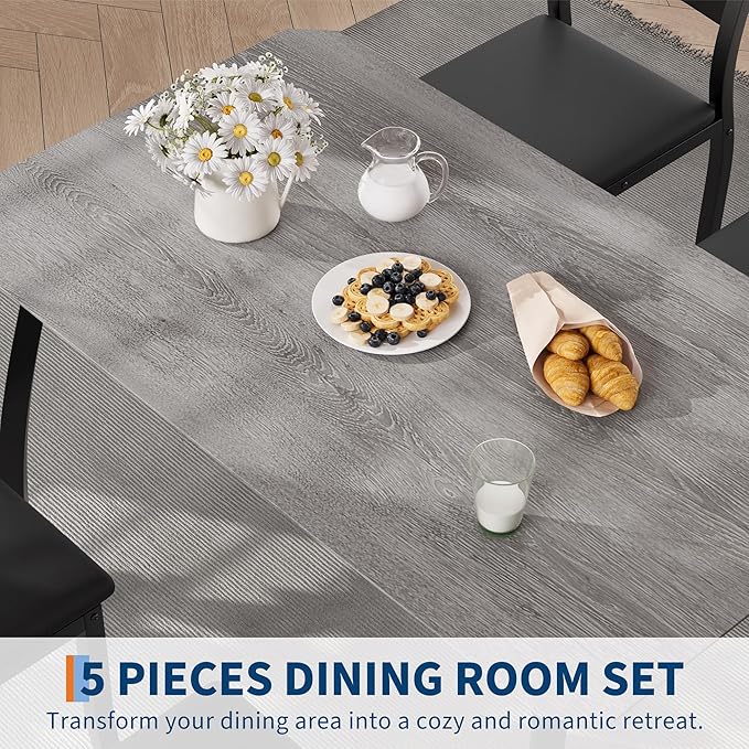 GAOMON 5 Piece Dining Table Set for 4, Space-Saving Kitchen Table with Upholstered Chairs, Modern Angled Corner Design, Compact Dinner Set for Small Spaces, Apartment, Dining Room, Grey