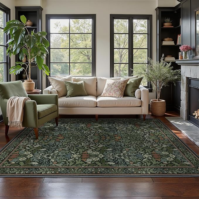 GENIMO 5x7 Washable Area Rug, Non-Slip Vintage Boho Floral Carpet, Soft Low-Pile Thin Bedroom Rug for Living Room, Dining Room, Nursery, Dark Green