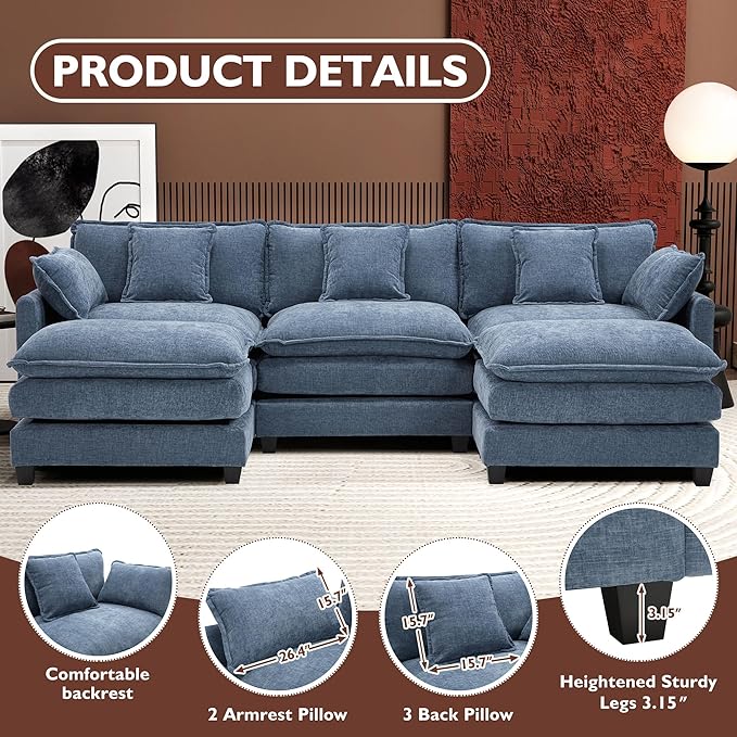 Ihanherry 111.4" U Shaped Modern Sofa Modular Sectional Cloud Couch with 2 Ottoman, 5-Seat Chenille Deep Seat Sofa with Pillow for Living Room, Bedroom and Apartment, Blue