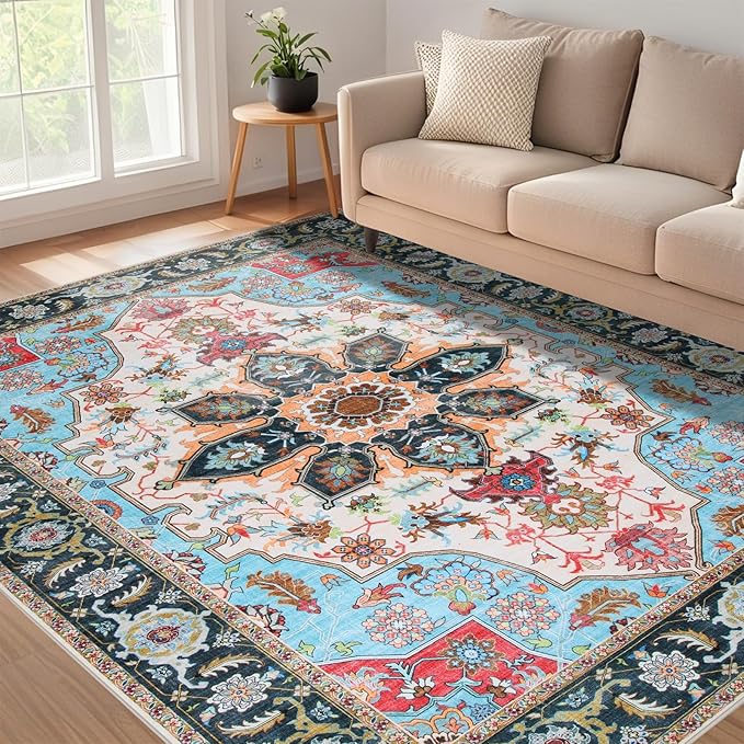 WILLSUN Washable Area Rugs, 6x9 Non-Slip Boho Large Area Rugs for Living Room, Bedroom, Machine Washable Vintage Rug, Indoor Floral Print Carpet for Home Decor, Kid & Pet Friendly Mat