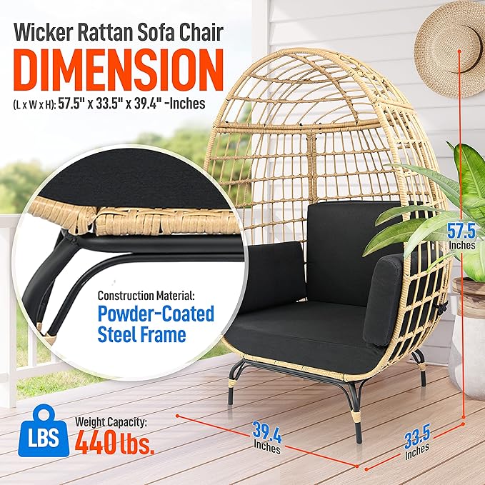 SereneLife Jovial Wicker Rattan Egg Chair,Indoor Outdoor Black Sofa Chair for Patio Backyard and Living Room with 4 Cushions and Powder Coated Steel Frame,Woven Texture Contemporary Ribbed Back Design