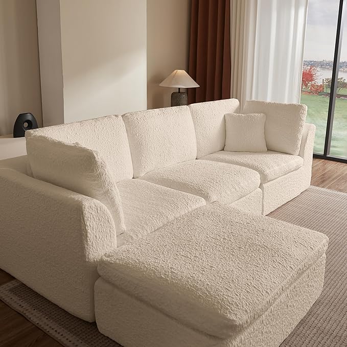 Cilee 110" Modular Sectional Sofa, Cloud Couch with Deep Seat, L-Shape Boneless Sofa, 3 Seat Memory Foam Sofa, No Assembly Required, Upholstered Couch for Living Room, Movable Ottoman, Chenille, Beige