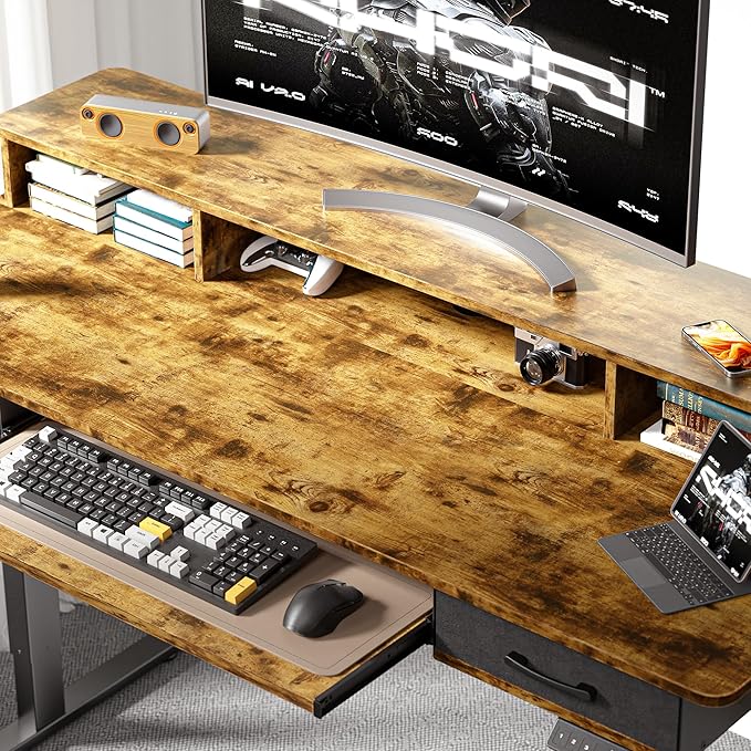55x24 Inches Electric Standing Desk with Keyboard Tray, Height Adjustable Stand up Desk with 2 Drawers, Ergonomic Sit to Stand Desk with Storage Monitor Stand, Computer Table, Rustic Brown