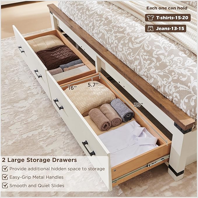 RedLemon Farmhouse Queen Size Bed Frame w/ 54" Tall Geometric Headboard, Rustic Wood Platform Bed w/ 2 Large Storage Drawers, Wood Slats Support, Noise Free, No Box Spring Needed, Antique White