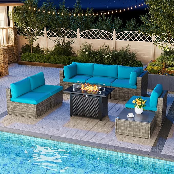 8 Pieces Outdoor Patio Furniture Set with 43" Fire Pit Table, Wicker Outdoor Patio Sectional Sofas Coffee Table, All-Weather Patio Conversation Set with Cushions for Garden Backyard, Light Blue