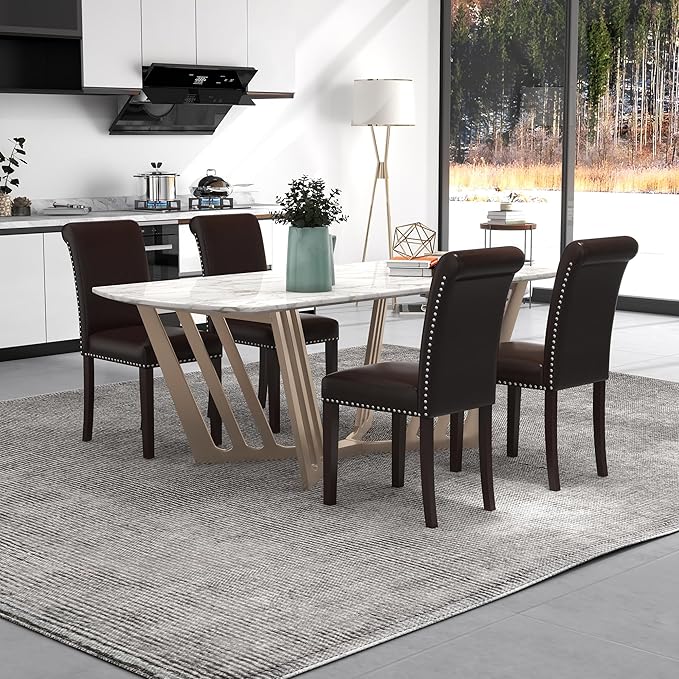 Westice Dining Room Chairs Set of 2 Upholstered PU Leather Kitchen Chairs Dining Room Side Chair with Nailhead Trim and Rubber Wood Legs for Small Space Apartment, Brown