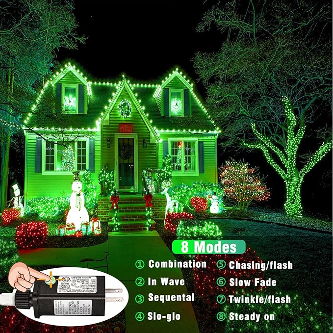 100 LED Green Christmas Lights 33ft Christmas String Lights Indoor 8 Modes Clear Wire Waterproof Plug in Twinkle Fairy Lights for Holiday Party Xmas Tree Decorations