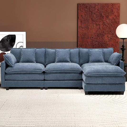 Ihanherry L Shaped Cloud Sofa 111.4" Modern Modular Sectional Couch with Ottoman, 4-Seat Chenille Deep Seat Sofa with Pillows for Living Room, Blue