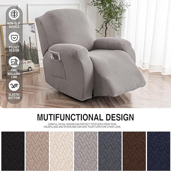 Genina Recliner Chair Covers, Stretch Reclining Chair Cover, Recliner Sofa Slipcovers Stripe Jacquard Lazy Couch Covers Furniture Protector Covers for Pet Kid (Light Grey, 1 Seat)