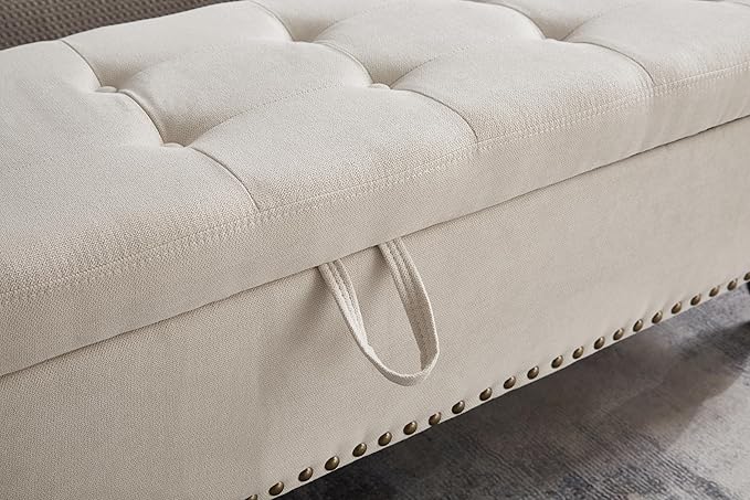 mikibama Linen Storage Bench for Bedroom End of Bed,59" Long Tufted Bed Bench with Storage,Modern Mid Century Storage Ottoman Bench for Window,Entryway,Living Room Solid Wood Legs (Beige)