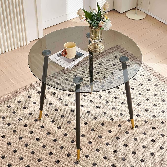 Glass Round Dining Table Set for 4, 35.43" Round Kitchen Table Transparent with 4 Upholstered Accent Chairs Space Saving Dining Chairs for Small Spaces