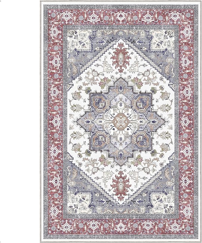 OPPODREAM Thin Area Rugs 4x6, Low-Pile Washable Rugs 4x6 with Non Slip Backing, Faux Cashmere 4 x 6 Throw Carpet, Red & Grey