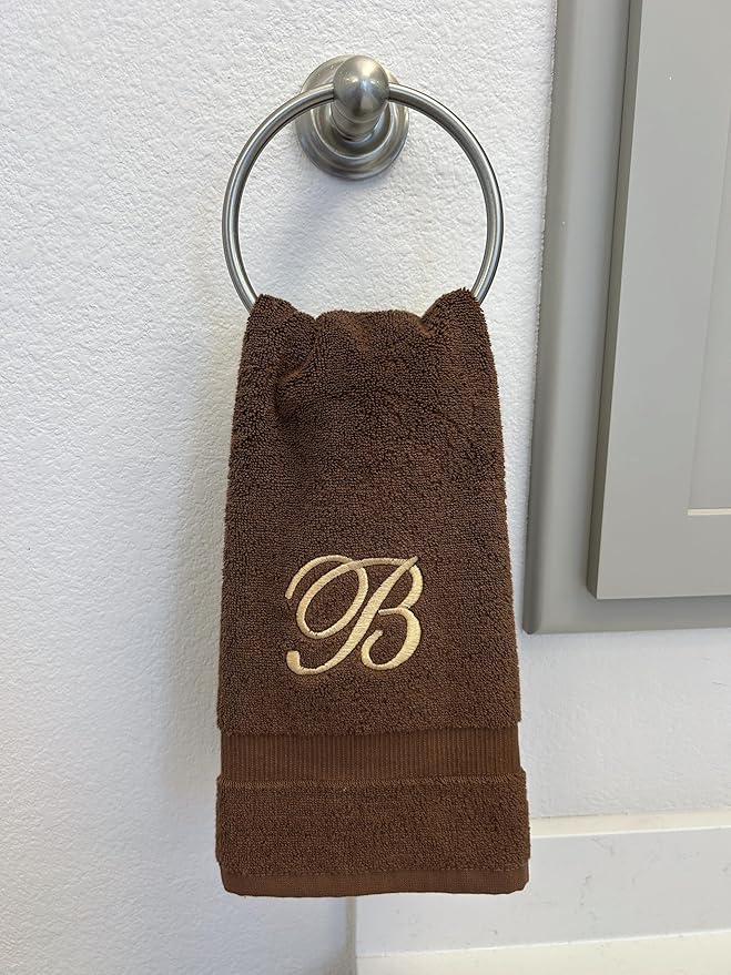 Brown Monogrammed Hand Towels for Bathroom - Luxury Hotel Quality Personalized Initial Embroidered Towel for Powder Room, Spa - GOTS Organic Certified - Set of 2 Beige Letter F