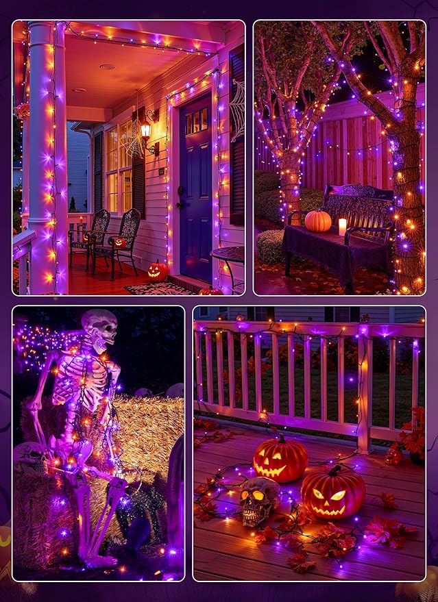 Brightown 2 Pack Halloween Solar String Lights Outdoor, Total 144Ft 400 LED Twinkle Fairy Lights Waterproof with 8 Modes Auto On/Off for Patio Tree Garden Party Home Decorations (Orange&Purple)