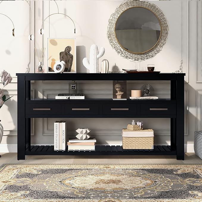 Modern 62'' Console Table Sofa Entryway Table with 4 Drawers and 2 Shelves, Acacia Wood Kitchen Buffet Cabinet Sideboard, Accent Table Furniture for Entryway Kitchen Living Room (Black-4DE)