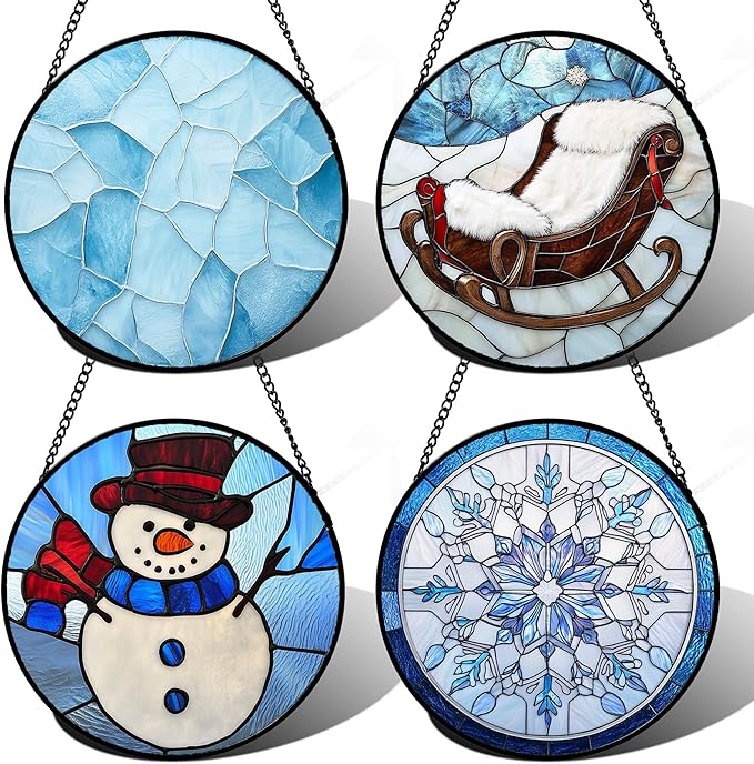 Stained Glass Window Hanging 4 Pcs Set Blue White Christmas Snowman Snowflake 7.8" - Suncatcher Door Garden Sun Catcher Decor Birthday Mother's Day Xmas Gifts for Mom Woman Nana Men