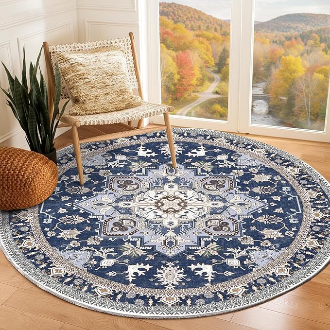 OPPODREAM Thin Round Rug 6ft, Washable Circle Rug 6ft with Non Slip Backing Play Room, Low-Pile Carpet 6 ft, Faux Cashmere Throw Carpet, Navy Blue & Gold