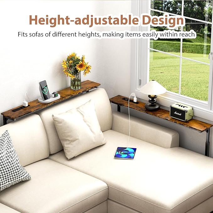 GRLEAF 2 Pack Adjustable Height Narrow Console Table with Power Outlets, 78.7" Long Sofa Table with Charging Station Behind Couch Table Entryway Table for Living Room and Hallway – Rustic Brown
