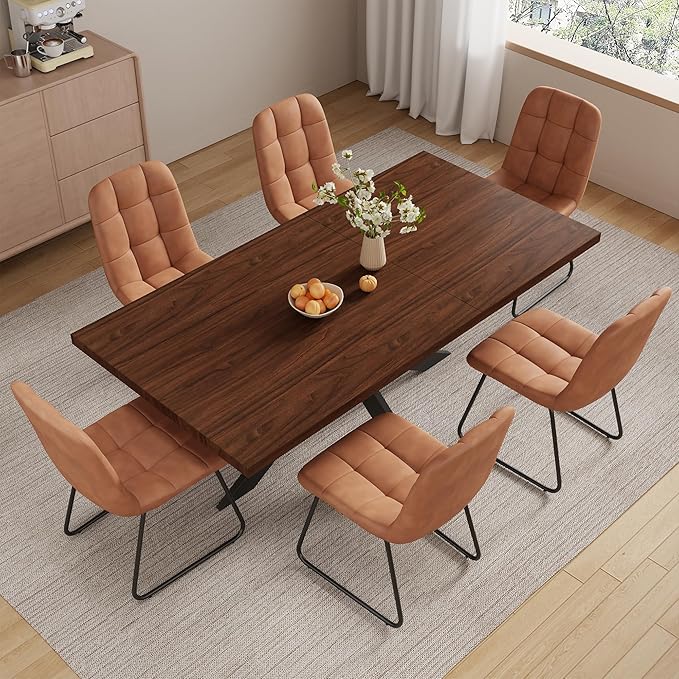 5-Piece Dining Table Set with 51"-67" Extendable Walnut Wood Table and 4 Brown PU Leather Chairs, Modern Rectangular Kitchen Table Set with Metal Legs, Space Saving Dining Room Furniture for 4